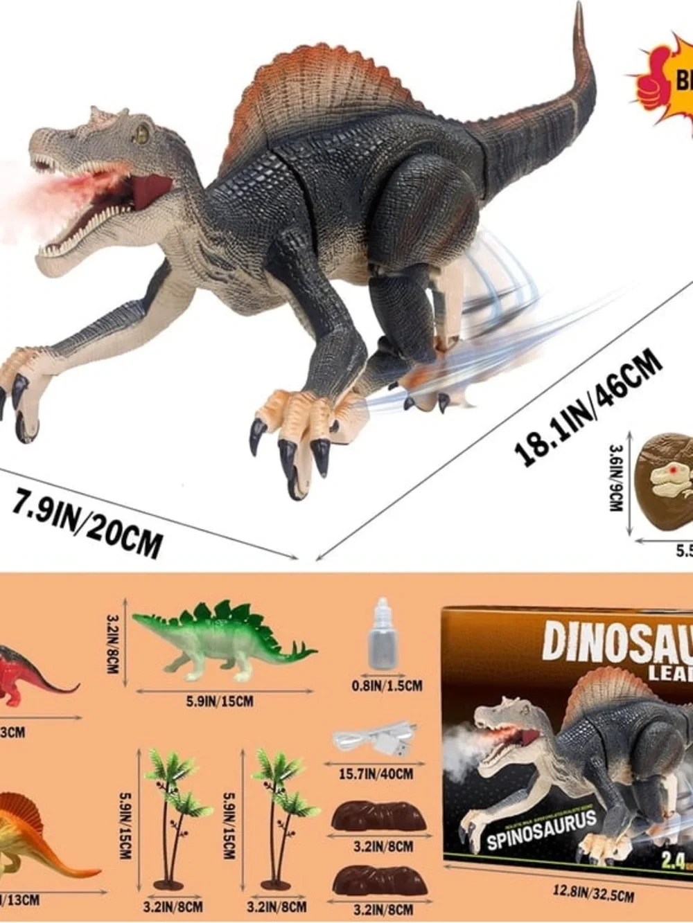 Remote Control Spinosaurus Dinosaur Toy - Black and Brown NEW